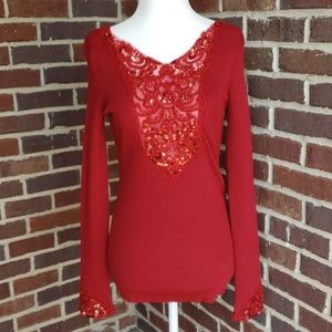 🔥 SEXY 🔥 Red Ribbed Long Sleeve Top with Sequins